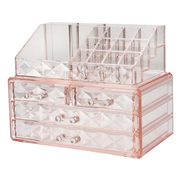 Diamond Pattern Pink Cosmetic Jewelry Storage 4 Drawer 2pc Display Box Set - Picture 4 of 6